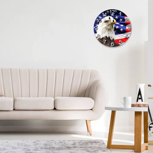 Miniatura 2 de Reloj de pared con bandera estadounidense patriótica de águila calva, funciona con pilas, reloj redondo silencioso para decoración de pared