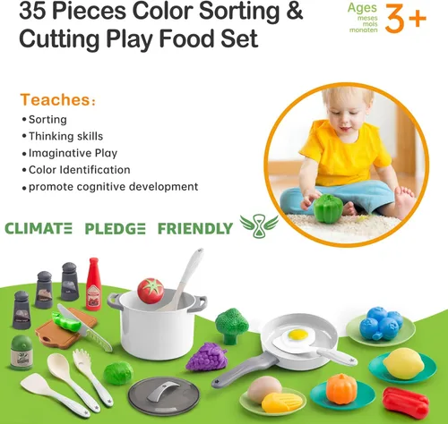 Miniatura 7 de 35 piezas de accesorios de juguete de cocina para niños, juego de cocina de simulación para niños pequeños con ollas, sartenes, utensilios, juego
