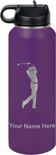 Miniatura 53 de LaserGram Botella de agua personalizada, golfista de golf, acero inoxidable de doble pared aislada al vacío con popote superior, regalo grabado Negro