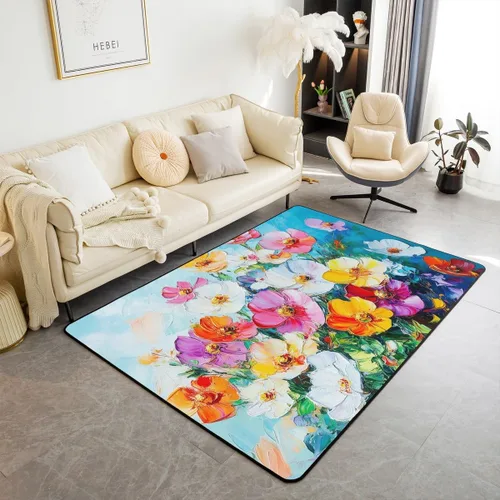 Alfombra retro floral bohemia para sala de estar, alfombra de área de 5 x 7 pies para niños, pintura al óleo y flores, alfombra decorativa para
