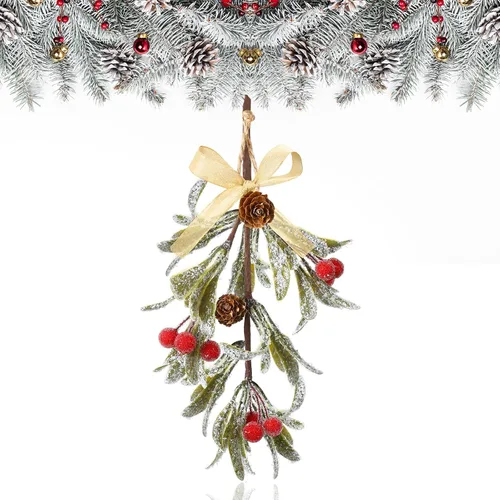 Miniatura 7 de Giegxin 1 pieza Adorno de Navidad Artificial de Muérdago Colgante con Lazo Rojo Bouquet de Adornos Colgantes de Navidad Floral con Piñas Naturales