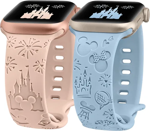 Miniatura 16 de 2 paquetes de correas grabadas con dibujos animados compatibles con Apple Watch de 38/40/41/42/44/45/46/49 mm, correa de silicona suave y linda