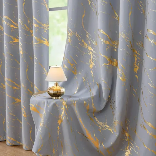 Miniatura 11 de WUBODTI Cortinas 100% Opacas de Mármol Beige de 63 Pulgadas de Largo 2 Paneles, Cortina Corta con Ojales de Impresión de Lámina Dorada Moderna