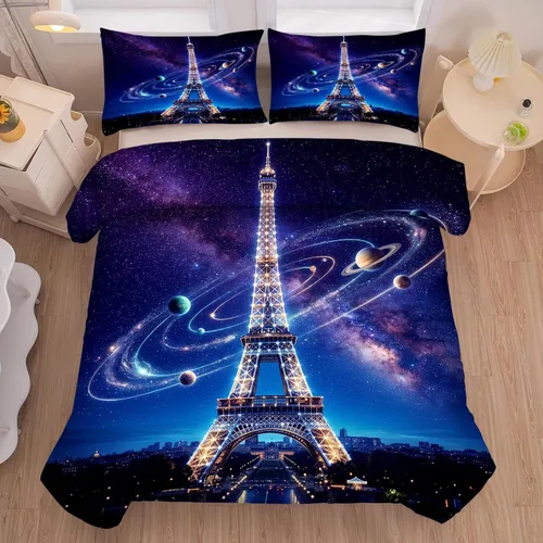 Miniatura 44 de kxry Juego de edredón de París, tamaño Queen, color rosa, Torre Eiffel Sena, ropa de cama estilo francés, edredón de paisaje urbano de París