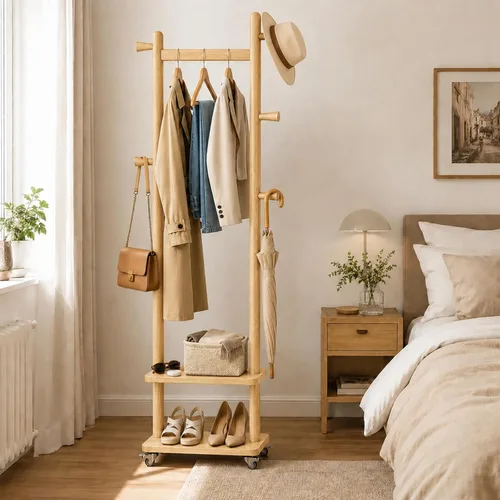 Miniatura 9 de Estante de abrigos de madera maciza independiente con ruedas y 2 estantes de almacenamiento y 5 ganchos, estante de ropa resistente, árbol de Madera
