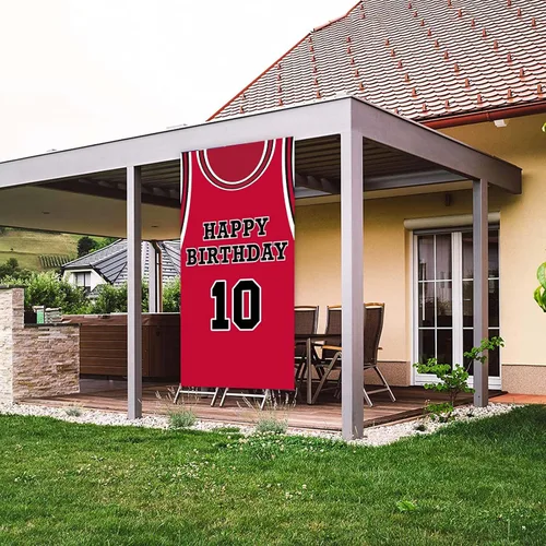 Miniatura 5 de Cartel de feliz cumpleaños 10 pancarta de fondo rojo de baloncesto estrella jugador de deportes decoración para hombre niño 10 cumpleaños