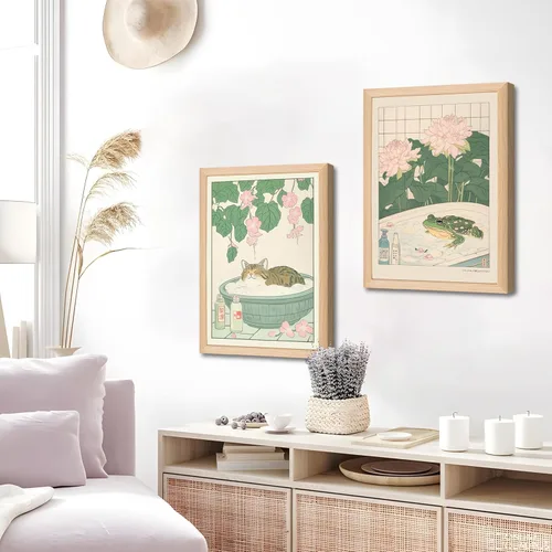 Miniatura 9 de Juego de 2 lienzos japoneses enmarcados para pared de baño con gatos y ranas, marco de madera, impresiones abstractas de naturaleza para decoración