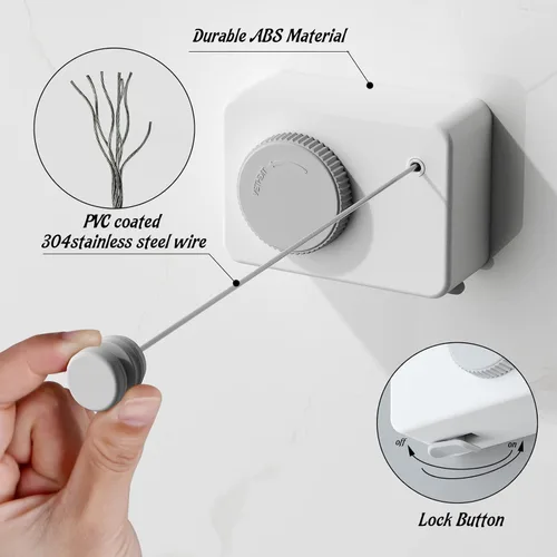 Miniatura 4 de Tendedero retráctil para interiores, línea de ropa que no se hunde que se retrae al aire libre, juego de línea de ropa montada en la pared