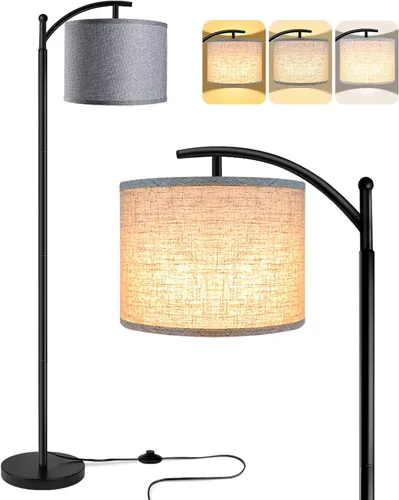 Lámpara de pie con bombilla LED 3CCT, pantalla de lámpara de lino gris para sala de estar, lámpara de pie moderna para dormitorios, color negro Tono