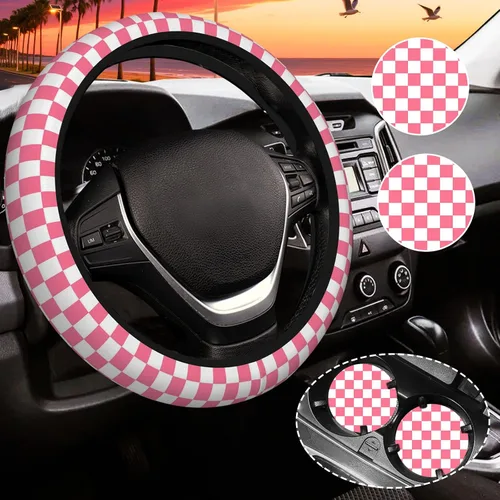 Miniatura 10 de Funda de volante a cuadros para mujeres, funda universal para volante de automóvil de 14-15 pulgadas, accesorios interiores para automóvil, con 2