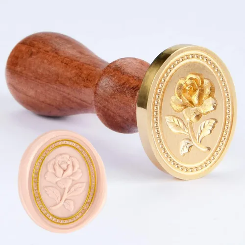 Sello de cera - Flor de rosa en relieve, cabeza ovalada de latón con mango de madera