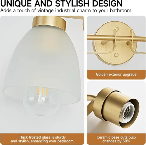 Miniatura 4 de Luces de tocador modernas de mediados de siglo de 16 pulgadas, lámpara dorada de 2 luces con pantallas de campana blancas esmeriladas, aplique