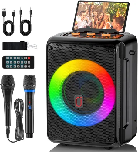 Máquina de karaoke HWWR con 2 micrófonos, altavoz Bluetooth portátil para adultos, altavoz para fiestas en casa con luz DJ para exteriores, eventos,