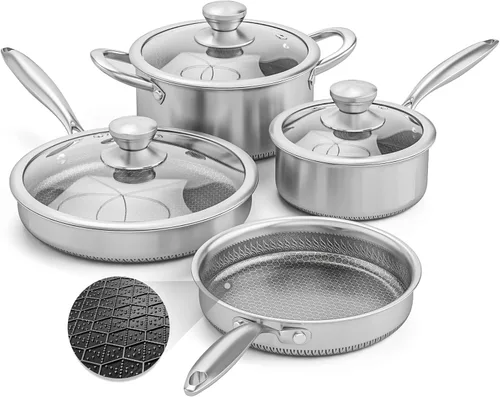 AuFranc Juego de ollas y sartenes híbridas de acero inoxidable antiadherentes, juego de utensilios de cocina de inducción con tapas de vidrio