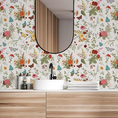 Miniatura 5 de VEELIKE Papel tapiz de 17.7 x 118 pulgadas con diseño de mariposas y caléndulas florales, para dormitorio, baño, guardería, papel de contacto floral