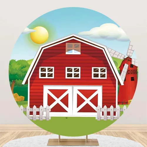 Miniatura 2 de AOFOTO Cubierta de fondo redonda de granero rojo de 3 x 3 pies para fotografía, diseño de granja de dibujos animados, decoración de cabina de fotos