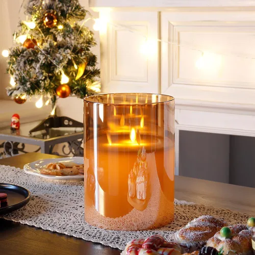 Miniatura 9 de JHY DESIGN Velas de cristal sin llama de 3 mechas de 8 pulgadas de alto operadas por batería con llama danzante parpadeante LED velas tipo pilar