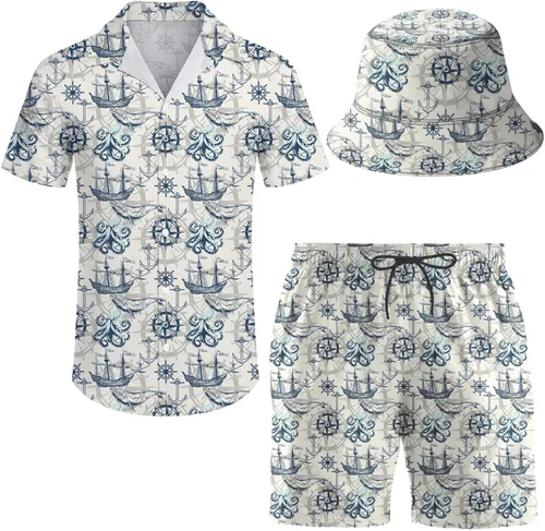 Miniatura 7 de Conjunto deportivo de 2 piezas para hombre, camisa hawaiana, pantalones cortos, camisa con botones y pantalones cortos con sombreros de pescador