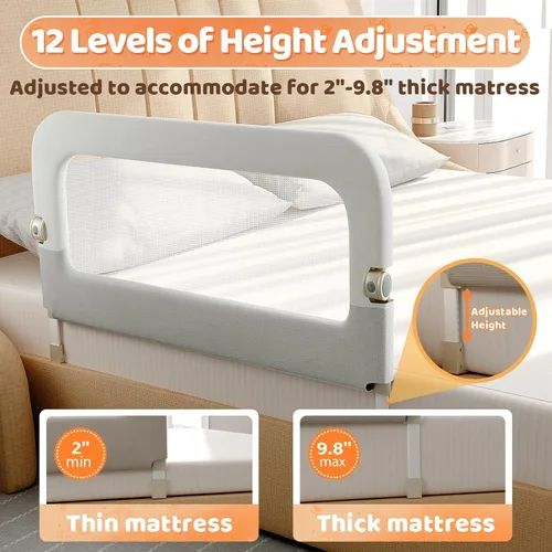 Miniatura 2 de Barandilla de Protección para Cama de Niños Pequeños - Rieles de Seguridad para Cama de Bebé Plegables y de Altura Ajustable de 32 Pulgadas
