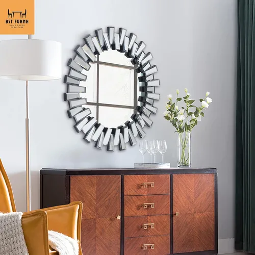 Miniatura 3 de BST FURNH Espejo Redondo de Pared Decorativo de 24 Pulgadas Espejo de Pared Decorativo con Marco Irregular y Borde Biselado Espejos para Pared