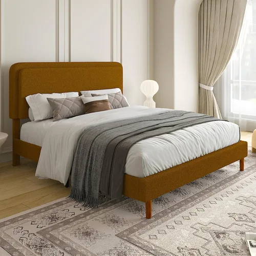 Miniatura 12 de Marco de cama tapizado Boucle de tamaño matrimonial con cabecera ajustable, plataforma de nube, patas de madera maciza, no necesita somier, fácil