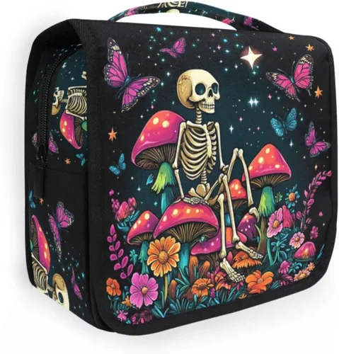 Miniatura 15 de MNSRUU Neceser colgante con diseño de calavera y girasol, bolsa de maquillaje de viaje para artículos de tocador, organizador de artículos