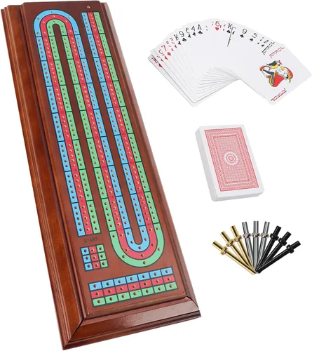 Miniatura 11 de GSE Games & Sports Expert Caja de juego de mesa de Cribbage de madera de 2 pistas con naipes, clavijas de metal y cajón de almacenamiento, tablero