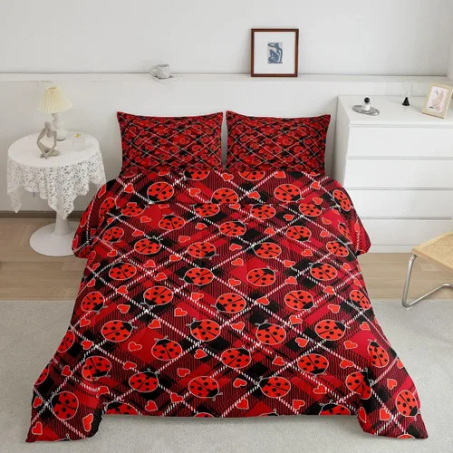 Miniatura 11 de jejeloiu Lindo juego de edredón de mariquita roja de dibujos animados, juego de ropa de cama para niños y niñas, decoración de animales kawaii