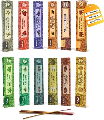 Tulasi Nag Champa - Varitas de incienso surtidas/paquete variado – 180 varillas enrolladas a mano, 12 aromas naturales | Sándalo, lavanda, vainilla,