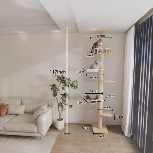 Miniatura 5 de Árboles para gatos de piso a techo para gatitos y gatos grandes con cuerda natural, árbol alto para gatos hasta el techo, altura ajustable de 82-112