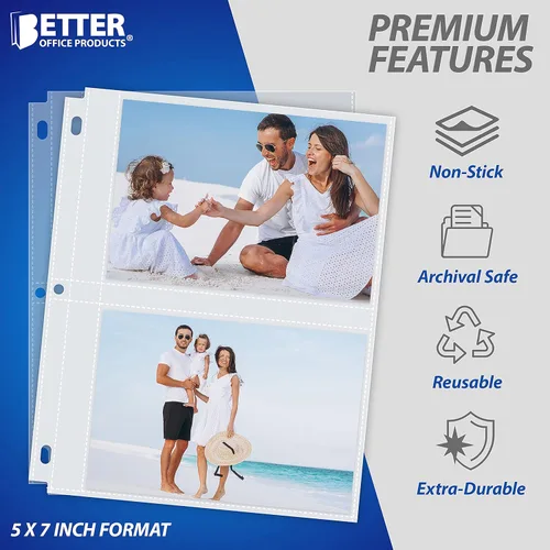 Miniatura 5 de Better Office Products Hojas de repuesto para álbum de fotos, 5 x 7 pulgadas, pesadas, de 3 anillos transparentes de diamante, 200 fotos en total