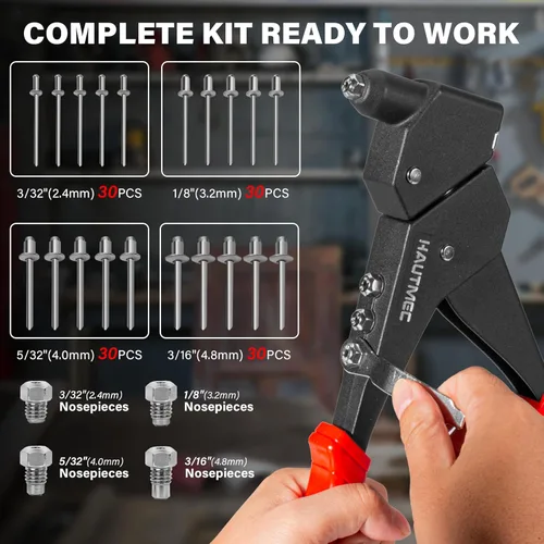 Miniatura 4 de Kit de pistola de remache pop HAUTMEC con cabeza giratoria de 360° para espacios estrechos, 120 remaches ciegos, herramienta de remache manual