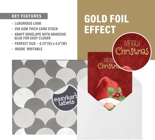 Miniatura 5 de easykart labels 20 tarjetas de gnomo navideño con sobres y pegatinas de sellado, 4 diseños navideños de Santa con efecto de hoja dorada, 6.75" x