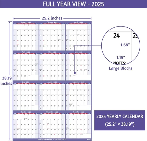Miniatura 4 de Calendario anual de pared 2025 – Calendario anual grande 2025, enero 2025 – diciembre 2025, 25.2 x 38.2 pulgadas (abierto), calendario 2025