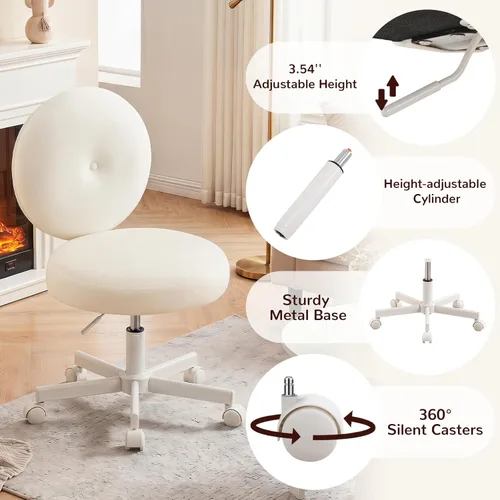 Miniatura 6 de Furniliving Silla de escritorio redonda sin brazos, pequeña silla tapizada de terciopelo con ruedas, silla de tarea ajustable giratoria con ruedas