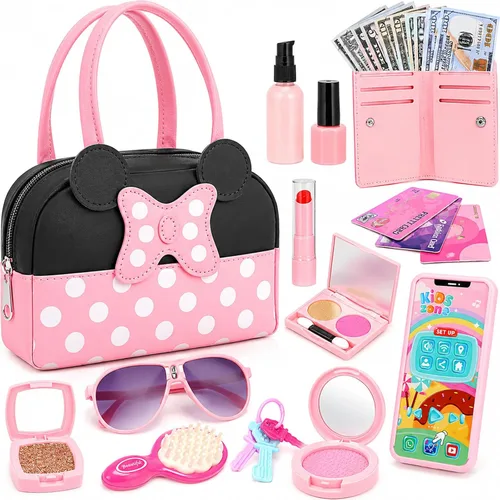 Bolso de juego de simulación para niñas pequeñas, bolso para niños pequeños con juguetes de maquillaje de simulación para niños pequeños, juguetes
