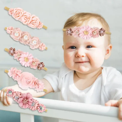 Miniatura 2 de Cinaci Paquete de 5 diademas delicadas de nailon con flores florales, accesorios para el cabello para bebés, niñas, recién nacidos, bebés y niños