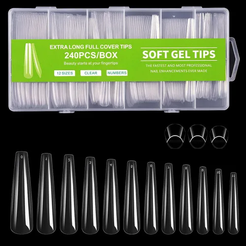 Miniatura 9 de Puntas de uñas largas cuadradas, 240 puntas de uñas de gel suave de cobertura completa, pregrabadas, 3XL, cuadradas transparentes, acrílicas
