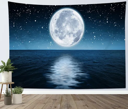 LB Tapiz pequeño de luna llena sobre océano, tapiz de pared de cielo nocturno estrellado de galaxia, arte de pared de acuarela psicodélica de