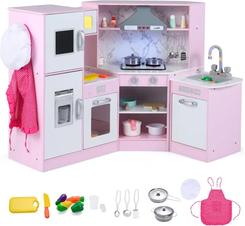 Miniatura 11 de Costzon Juego de cocina para niños, 2 piezas de juguete de cocina con luz, sonido, lavabo, microondas, pizarra, máquina de hielo, campana Negro
