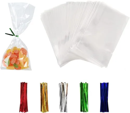 Miniatura 9 de 100 bolsas de celofán de 8 x 10 pulgadas, bolsas transparentes para golosinas con lazos giratorios de 4 pulgadas, bolsas de plástico