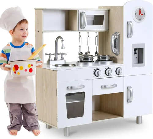 Miniatura 7 de MAMIZO Juego de cocina para niños, cocina preescolar, juguete de madera para niños pequeños con nevera, estufa, utensilios de cocina, teléfono