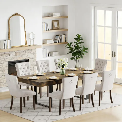 Miniatura 37 de Juego de mesa de comedor extensible de 5 piezas para 4, mesa de cocina de madera marrón de 63-78.7 pulgadas con 4 sillas acolchadas beige, juego