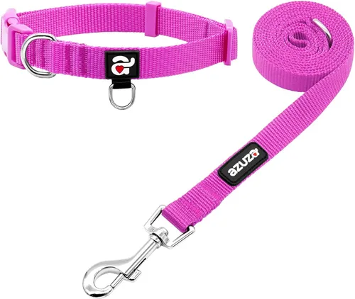 Miniatura 10 de azuza Juego de collar y correa de nailon para perro, resistente y duradero, estilo básico, correa y collar con anillo de identificación