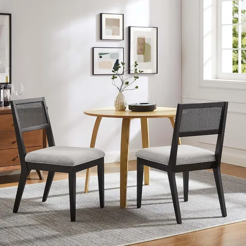 Miniatura 2 de Modway Nimba - Juego de 2 sillas de comedor de madera en tejido jaspeado, color gris claro, sillas de cocina tapizadas con respaldo de ratán Tejido