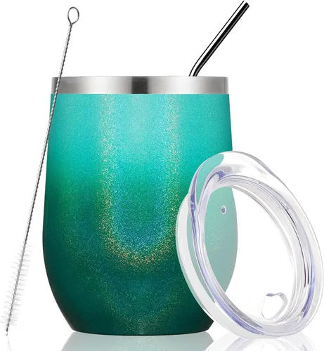 Miniatura 22 de MEWAY Vaso de vino sin tallo de 12 onzas con tapa, vaso de viaje de acero inoxidable con aislamiento de doble pared al vacío con popote, para Negro