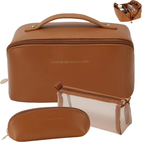 Miniatura 9 de 3 bolsas de maquillaje de viaje portátiles de gran capacidad para mujeres, estuche organizador de maquillaje plano abierto, bolsa organizadora