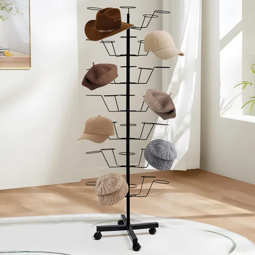 uyoyous Soporte giratorio de 7 niveles para tiendas minoristas, organizador de exhibición de sombreros de metal resistente con ruedas, capacidad
