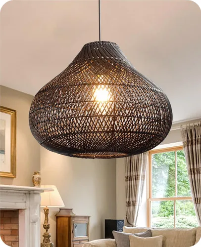 Miniatura 15 de Luces Colgantes Bohemias, Candelabro de Ratán de 1 Luz de 15.7", Luz Colgante de Mimbre Tejida a Mano con Pantalla de Jacinto de Agua, Luz Colgante
