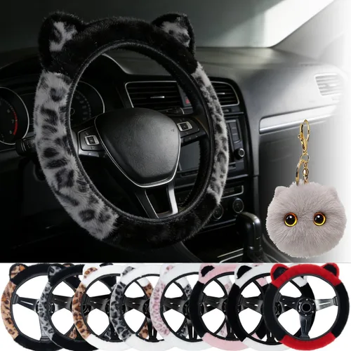 Miniatura 14 de Steering Wheel Cover with Ears Keychain Fit 14-15 inch Black Pink Cute Ears Car Steering Wheel Covers for Women Girls Elastic Breathable Steering